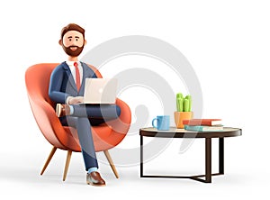 3D illustration of happy smiling businessman in suit with laptop sitting in armchair. Cartoon office workplace.