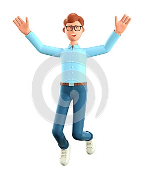 3D illustration of happy smiling man jumping celebrating success. Cartoon winning businessman with his hands in the air