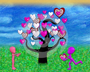 3D Illustration of Heart Tree with Two Cartoon Figures in Love