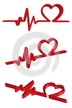 3d Illustration heartbeat line and ECG - EKG signal set and Isometric Heart shape