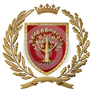 3D illustration Heraldry, red coat of arms. Golden olive branch, oak branch, crown, shield, tree. Isolat.