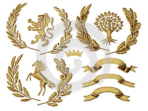 3D illustration of heraldry. A set of objects. Golden olive branches, oak branches, crowns, lion, horse, tree