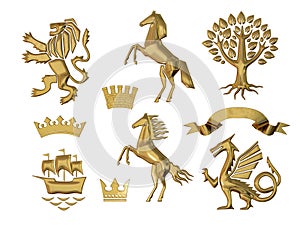 3D illustration of heraldry. A set of objects. Golden olive branches, oak branches, crowns, lion, horse, tree