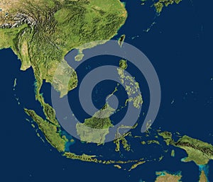 3D illustration of a highly detailed map of Southeast Asia. Satellite view. Improved lighting and shadows