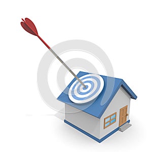 3D illustration. Hit the target house with an arrow. Find a property.