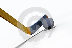 3d illustration of Hockey Stick and Floating Puck on the Ice