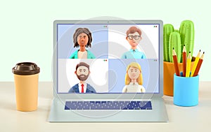 3D illustration of home video call, online work conference. Virtual class, team education. Remote meeting, digital business chat.