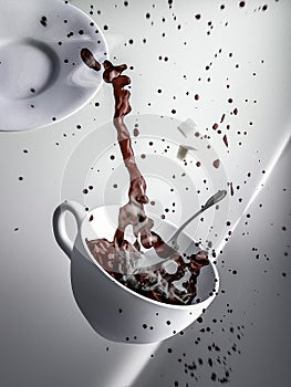 3D illustration of hot coffee or tea splashing out a cup