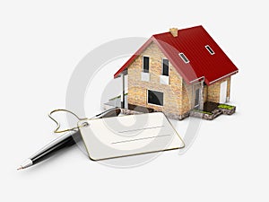 3d Illustration of House model with pencil and card, banking concept