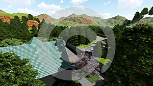 3D illustration of a house in the mountains with many trees2. Stone road 3D rendering