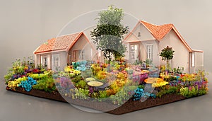 A 3D illustration of houses with large gardens