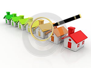 3d illustration of houses and magnify glass over white background