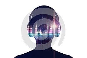 3d illustration of human with headphone on Audio waveform abstract technology background