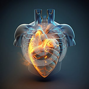 3d illustration of human heart anatomy neon light illustration.