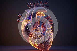 3d illustration of human heart anatomy neon light illustration.