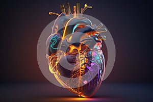 3d illustration of human heart anatomy neon light illustration.