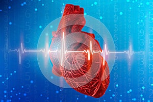 3d illustration of human heart and cardiogram on futuristic blue background. Digital technologies in medicine