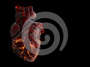 3d Illustration of Human Heart with fire vein.
