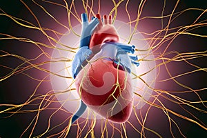 3D illustration of human heart intertwined with neurons, depicting nervous system, medical background