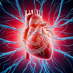 3D illustration of human heart intertwined with neurons, depicting nervous system, medical background