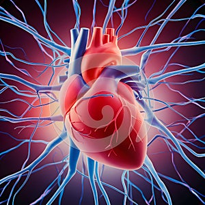 3D illustration of human heart intertwined with neurons, depicting nervous system, medical background