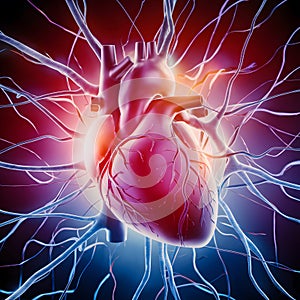 3D illustration of human heart intertwined with neurons, depicting nervous system, medical background