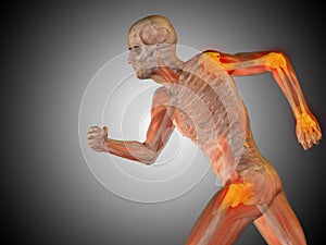 3D illustration human man anatomy or health design, joint or articular pain, ache or injury on gray background