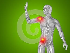 3D illustration human man anatomy upper body or health design, joint or articular pain, ache or injury