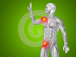 3D illustration human man anatomy upper body or health design, joint or articular pain, ache or injury