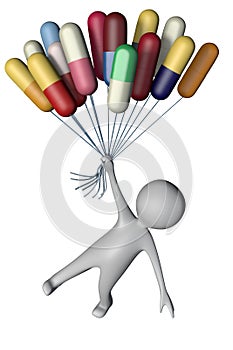 3d illustration human man figure flying on antidepressant pill balloons