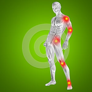 3D illustration of human or man with muscles for anatomy or health designs with articular or bones pain