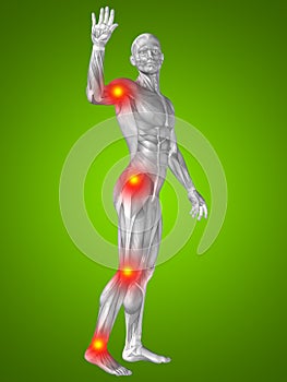 3D illustration of human or man with muscles for anatomy or health designs with articular or bones pain