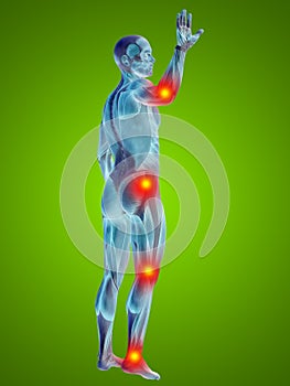 3D illustration of human or man with muscles for anatomy or health designs with articular or bones pain