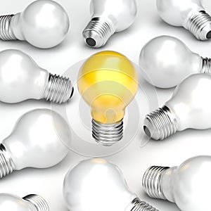 3d illustration idea design concept, yellow bulb stand alone from white bulb background.