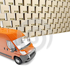 3d illustration. Inaccurate package handling and delivery. Heap of boxes and red van. White background.