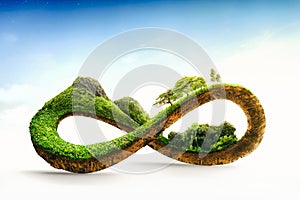 3d illustration of infinity environment concept. infinite earth land with green grass isolated. Eco and circular economy concept.