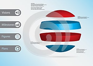 3D illustration infographic template with ball horizontally divided to four standalone color parts