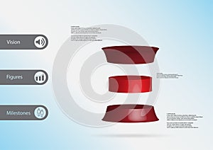 3D illustration infographic template with deformed cylinder horizontally divided to three red slices