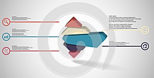 3D illustration infographic template with embossed rhomb randomly divided to five parts