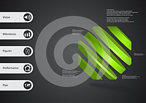 3D illustration infographic template with rotated octagon divided to five parts askew arranged