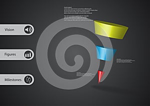 3D illustration infographic template with sloping triangle horizontally divided to three color slices