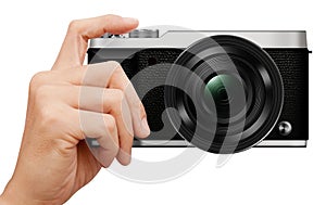 3D illustration interchangeable lens Mirrorless camera in hand