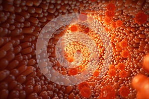 3d illustration Intestinal villi. Intestine lining. Microscopic villi and capillary. Human intestine. Viral infection