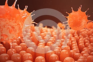 3d illustration Intestinal villi. Intestine lining. Microscopic villi and capillary. Human intestine. Viral infection