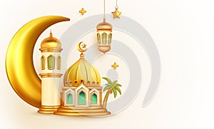 3d illustration Islamic background with mosque, crescent, moon star, lantern, date palm tree with copy space text area