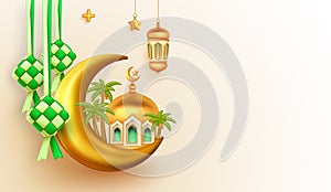 3d illustration Islamic background with mosque, crescent, moon star, lantern, date palm tree with copy space text area