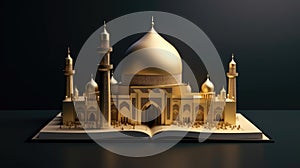 3D Illustration an Islamic mosque or masjid atop a book or Quran, Ai GeneratedArt