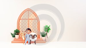 3D Illustration Of Islamic Young Boy Holding Sheep, Goat, Plant Pots On White Background