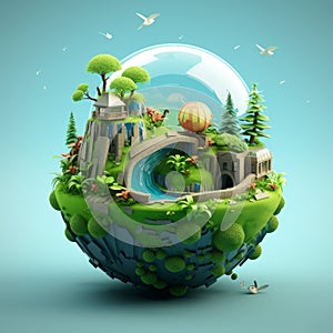 a 3d illustration of an island with a house trees and a hot air balloon