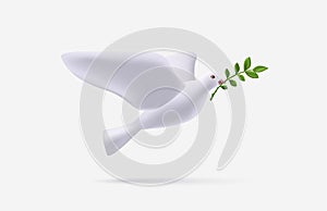 3d illustration of isolated dove and olive branch. Symbol of peace, render stylized